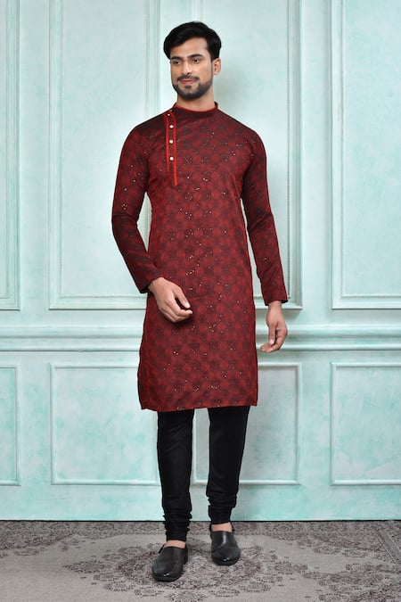 Aryavir Malhotra Maroon Kurta Jacquard Embroidered Geometric Sequin Work And Black Churidar Set For Kids