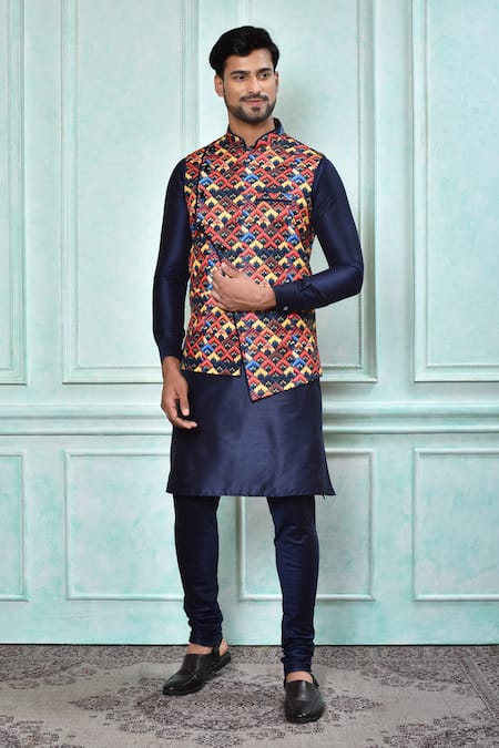 Aryavir Malhotra Geometric Pattern Bundi & Blue Kurta Set 