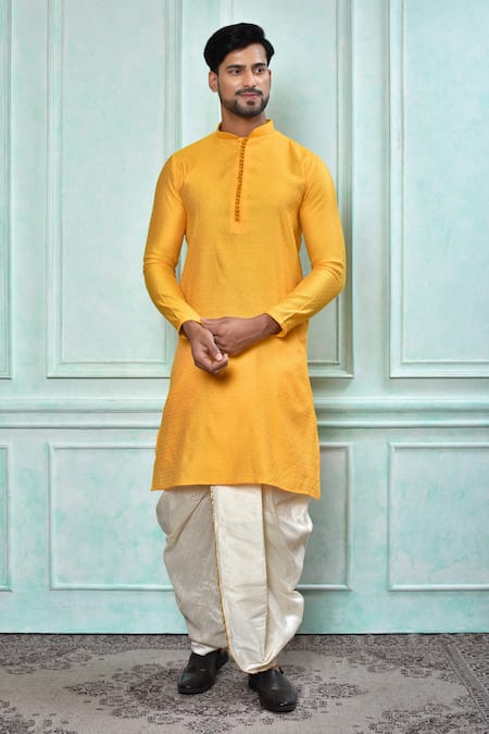 Buy Yellow Kurta Cotton Mix Jacquard Woven Checkered And Dhoti Pant Set For  Men by Adara Khan Online at Aza Fashions.