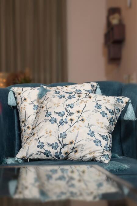 La Paloma White Polyester Embroidered Floral Square Cushion Cover