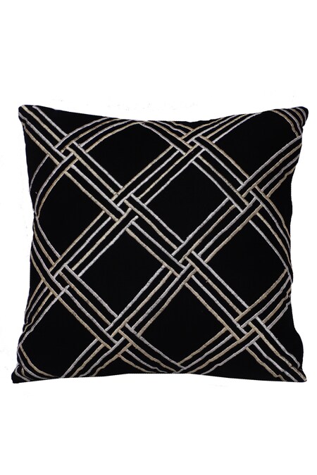 La Paloma Black Velvet Embroidered Geometric Square Cushion Cover