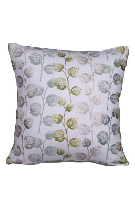 La Paloma Cream Cotton Embroidered Leaf Square Cushion Cover