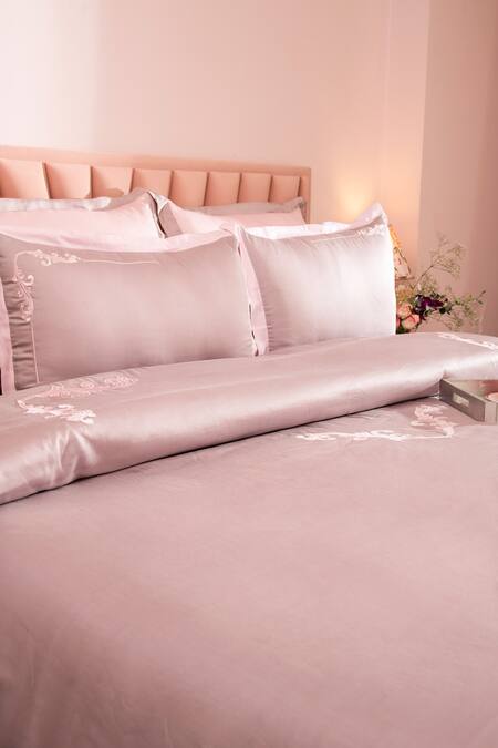 Shop LA Paloma Beige 100% Tencel Embroidery Border Placement Duvet Cover Set at Aza Fashions Shop_LA Paloma_Beige 100% Tencel Embroidery Border Placement Duvet Cover Set_at_Aza_Fashions