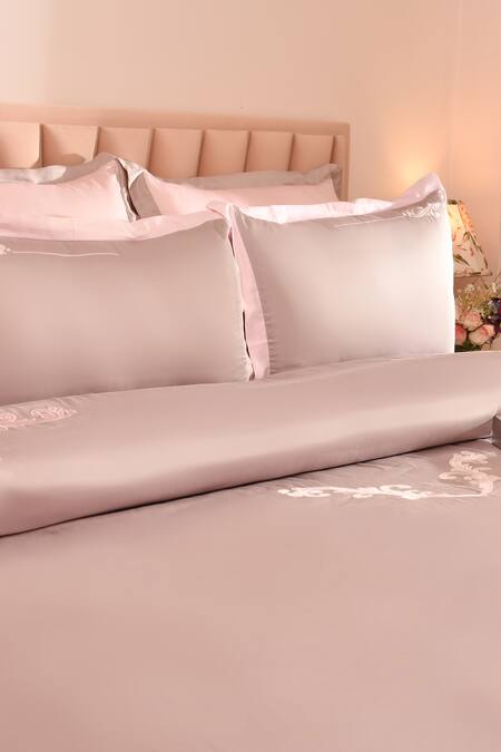 LA Paloma_Beige 100% Tencel Embroidery Border Placement Duvet Cover Set_Online_at_Aza_Fashions