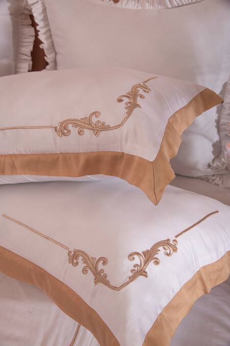 Shop_LA Paloma_White 100% Cotton Embroidery Thread Duvet Cover Set_Online_at_Aza_Fashions