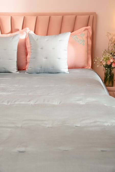 Shop_LA Paloma_Blue 100% Tencel Quilted Pattern Bedspread Set_Online_at_Aza_Fashions