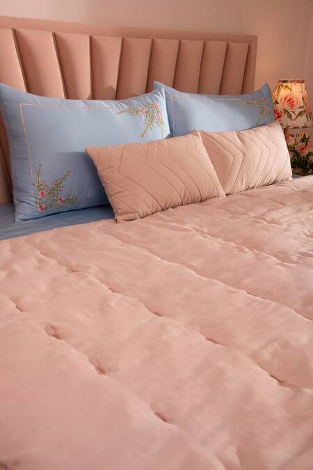 Shop LA Paloma Pink 100% Tencel Quilted Pattern Bedspread Set at Aza Fashions Shop_LA Paloma_Pink 100% Tencel Quilted Pattern Bedspread Set_at_Aza_Fashions