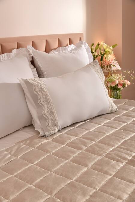 Shop_LA Paloma_Grey Velvet Square Quilted Bedspread_Online_at_Aza_Fashions