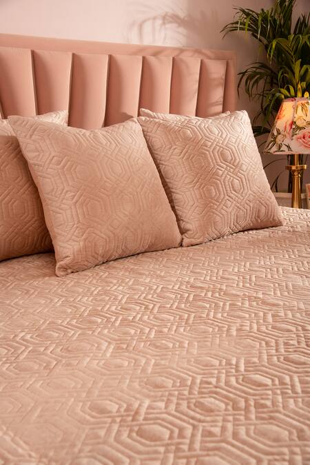 Shop LA Paloma Peach Velvet Bedspread Set at Aza Fashions Shop_LA Paloma_Peach Velvet Bedspread Set_at_Aza_Fashions