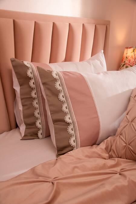 Buy LA Paloma Peach Velvet Pinch Quilt Bedspread Set Online at Aza Fashions Buy_LA Paloma_Peach Velvet Pinch Quilt Bedspread Set_Online_at_Aza_Fashions