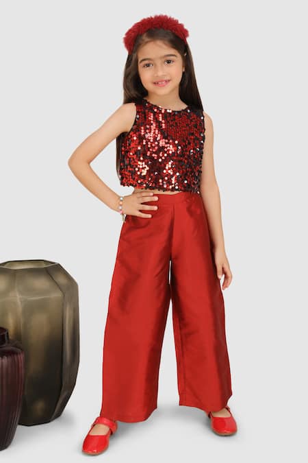 Jelly Jones Maroon Top  Satin Embroidered Sequins And Pant Set 