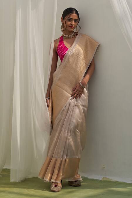 Five Point Five Off White Tissue Floral, Stripe Vibha Pattern Saree With Running Blouse