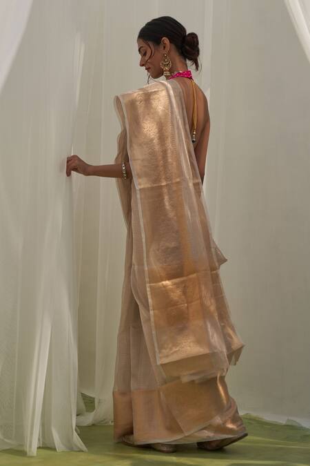 Shop Five Point Five Off White Tissue Floral, Stripe Vibha Pattern Saree With Running Blouse at Aza Fashions Shop_Five Point Five_Off White Tissue Floral, Stripe Vibha Pattern Saree With Running Blouse_at_Aza_Fashions