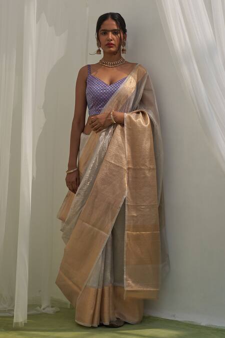 Five Point Five Off White Tissue Floral, Stripe Vibha Woven Pattern Saree With Running Blouse