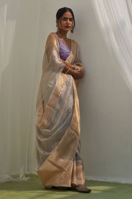 Buy Five Point Five Off White Tissue Floral, Stripe Vibha Woven Pattern Saree With Running Blouse Online at Aza Fashions Buy_Five Point Five_Off White Tissue Floral, Stripe Vibha Woven Pattern Saree With Running Blouse_Online_at_Aza_Fashions