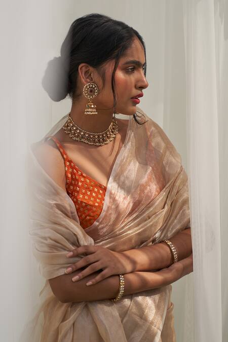 Five Point Five_Off White Tissue Banhi Handloom Woven Pattern Saree With Running Blouse_Online_at_Aza_Fashions