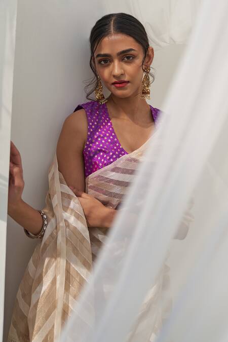 Five Point Five_Beige Kota Doria Vrishti Handloom Saree With Running Blouse_Online_at_Aza_Fashions