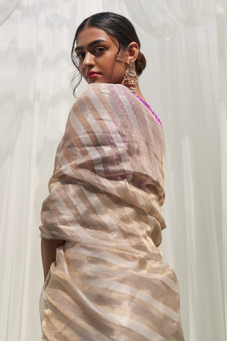 Buy_Five Point Five_Beige Kota Doria Vrishti Handloom Saree With Running Blouse_Online_at_Aza_Fashions