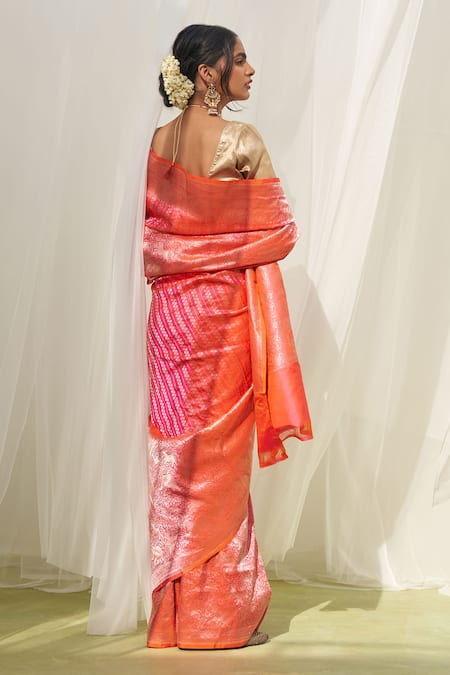 Shop Five Point Five Pink Silk Zari Floral Stripe Katan Handwoven Saree With Running Blouse at Aza Fashions Shop_Five Point Five_Pink Silk Zari Floral Stripe Katan Handwoven Saree With Running Blouse _at_Aza_Fashions