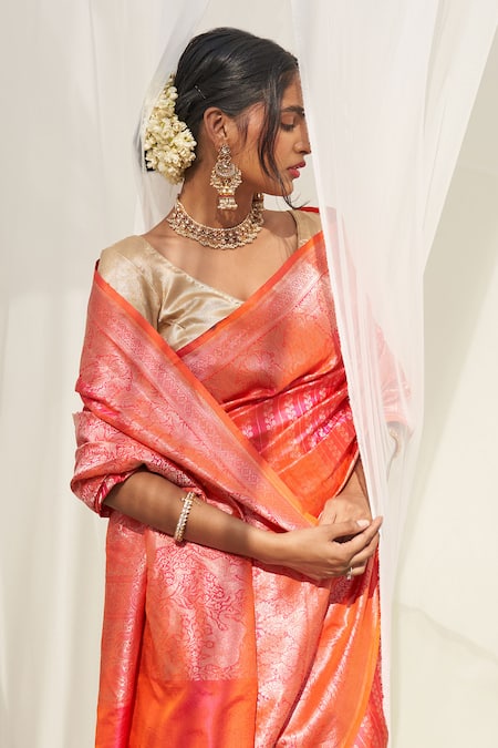 Five Point Five Pink Silk Zari Floral Stripe Katan Handwoven Saree With Running Blouse Online at Aza Fashions Five Point Five_Pink Silk Zari Floral Stripe Katan Handwoven Saree With Running Blouse _Online_at_Aza_Fashions