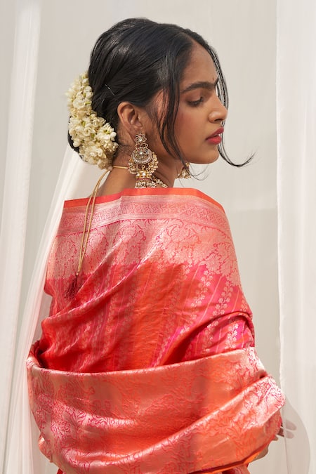 Buy Five Point Five Pink Silk Zari Floral Stripe Katan Handwoven Saree With Running Blouse Online at Aza Fashions Buy_Five Point Five_Pink Silk Zari Floral Stripe Katan Handwoven Saree With Running Blouse _Online_at_Aza_Fashions