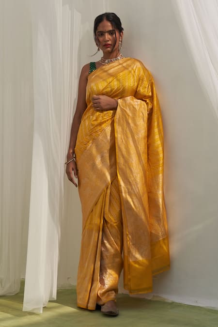 Five Point Five Yellow Silk Zari Handwoven Floral Stripe Katan Saree 