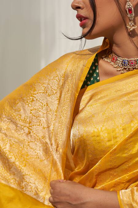 Five Point Five Yellow Silk Zari Handwoven Floral Stripe Katan Saree Online at Aza Fashions Five Point Five_Yellow Silk Zari Handwoven Floral Stripe Katan Saree _Online_at_Aza_Fashions