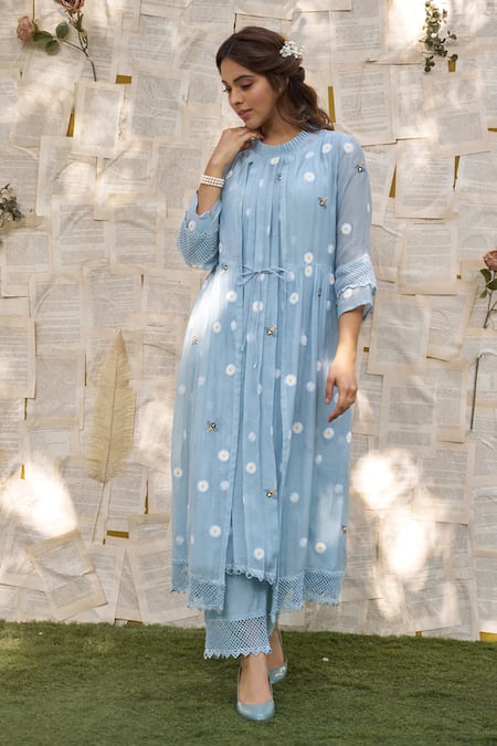 Naaz By Noor Blue Cotton, Chanderi Embroidery Round Neck Daisy Thread Cape Kurta Set Online at Aza Fashions Naaz By Noor_Blue Cotton, Chanderi Embroidery Round Neck Daisy Thread Cape Kurta Set _Online_at_Aza_Fashions
