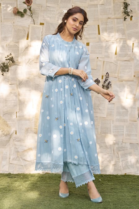Buy Naaz By Noor Blue Cotton, Chanderi Embroidery Round Neck Daisy Thread Cape Kurta Set Online at Aza Fashions Buy_Naaz By Noor_Blue Cotton, Chanderi Embroidery Round Neck Daisy Thread Cape Kurta Set _Online_at_Aza_Fashions
