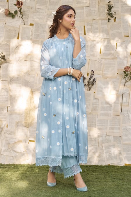 Shop Naaz By Noor Blue Cotton, Chanderi Embroidery Round Neck Daisy Thread Cape Kurta Set Online at Aza Fashions Shop_Naaz By Noor_Blue Cotton, Chanderi Embroidery Round Neck Daisy Thread Cape Kurta Set _Online_at_Aza_Fashions