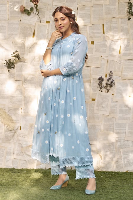 Naaz By Noor Blue Cotton, Chanderi Embroidery Round Neck Daisy Thread Cape Kurta Set at Aza Fashions Naaz By Noor_Blue Cotton, Chanderi Embroidery Round Neck Daisy Thread Cape Kurta Set _at_Aza_Fashions