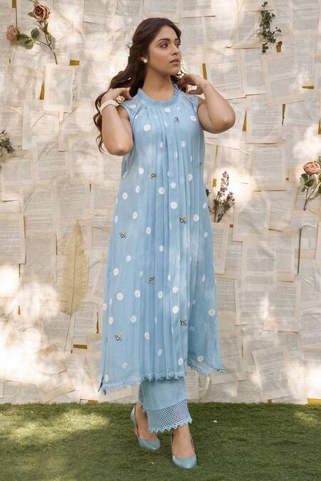 Buy Naaz By Noor Blue Cotton, Chanderi Embroidery Round Neck Daisy Thread Cape Kurta Set Buy_Naaz By Noor_Blue Cotton, Chanderi Embroidery Round Neck Daisy Thread Cape Kurta Set