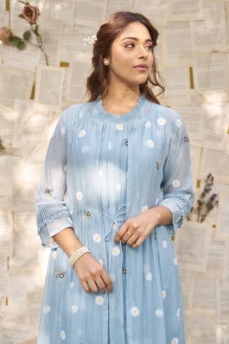 Shop Naaz By Noor Blue Cotton, Chanderi Embroidery Round Neck Daisy Thread Cape Kurta Set Shop_Naaz By Noor_Blue Cotton, Chanderi Embroidery Round Neck Daisy Thread Cape Kurta Set