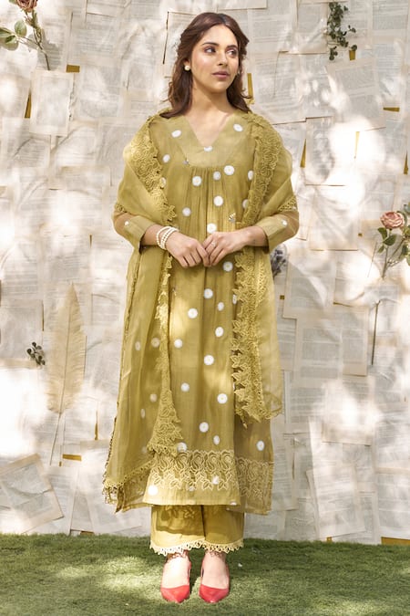 Naaz By Noor Green Cotton, Organza, Chanderi Embroidery, Lace Daisy Thread Kurta Pant Set Online at Aza Fashions Naaz By Noor_Green Cotton, Organza, Chanderi Embroidery, Lace Daisy Thread Kurta Pant Set _Online_at_Aza_Fashions