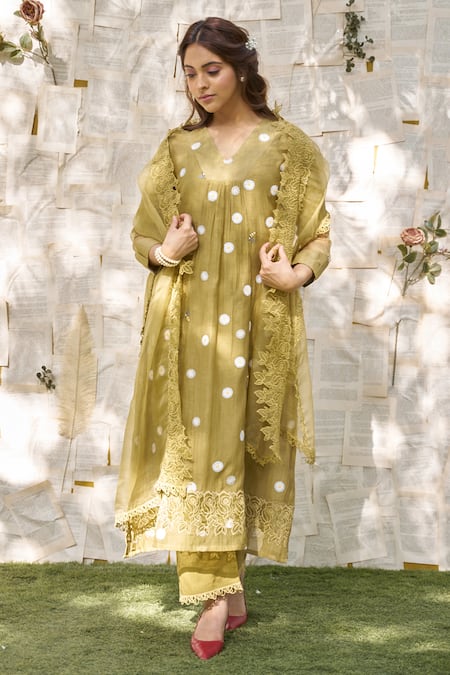 Buy Naaz By Noor Green Cotton, Organza, Chanderi Embroidery, Lace Daisy Thread Kurta Pant Set Online at Aza Fashions Buy_Naaz By Noor_Green Cotton, Organza, Chanderi Embroidery, Lace Daisy Thread Kurta Pant Set _Online_at_Aza_Fashions