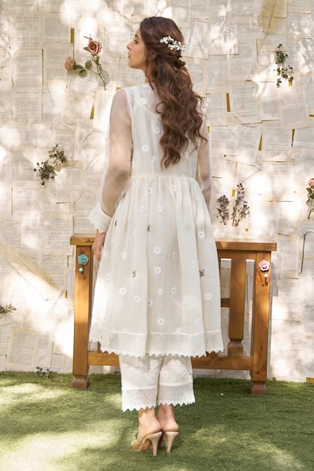Shop Naaz By Noor Off White Cotton, Chanderi Embroidery, Lace Thread Peplum Jacket Pant Set at Aza Fashions Shop_Naaz By Noor_Off White Cotton, Chanderi Embroidery, Lace Thread Peplum Jacket Pant Set _at_Aza_Fashions