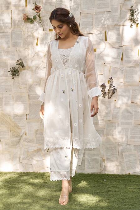 Naaz By Noor Off White Cotton, Chanderi Embroidery, Lace Thread Peplum Jacket Pant Set Online at Aza Fashions Naaz By Noor_Off White Cotton, Chanderi Embroidery, Lace Thread Peplum Jacket Pant Set _Online_at_Aza_Fashions