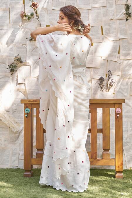 Shop Naaz By Noor White Cotton Chanderi Embroidered And Heart Ruffle Saree & Blouse Set at Aza Fashions Shop_Naaz By Noor_White Cotton Chanderi Embroidered And Heart Ruffle Saree & Blouse Set _at_Aza_Fashions