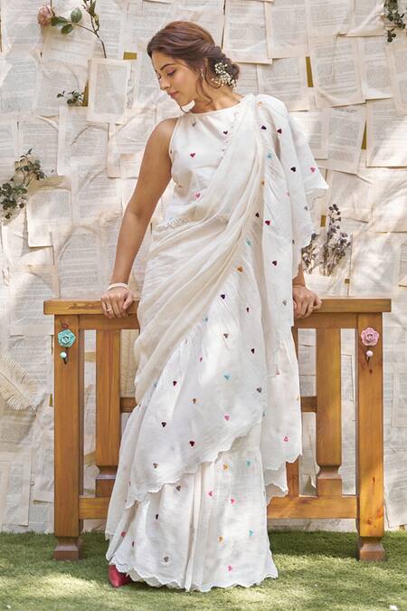 Naaz By Noor White Cotton Chanderi Embroidered And Heart Ruffle Saree & Blouse Set at Aza Fashions Naaz By Noor_White Cotton Chanderi Embroidered And Heart Ruffle Saree & Blouse Set _at_Aza_Fashions