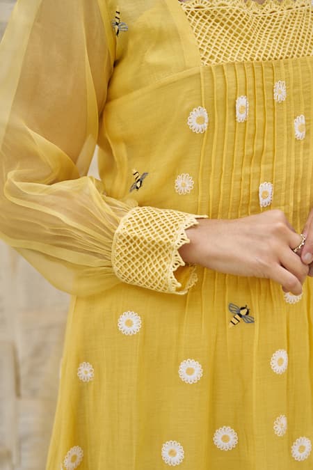 Shop_Naaz By Noor_Yellow Organza, Cotton, Chanderi Embroidery, Lace Daisy Thread Kurta And Pant Set 