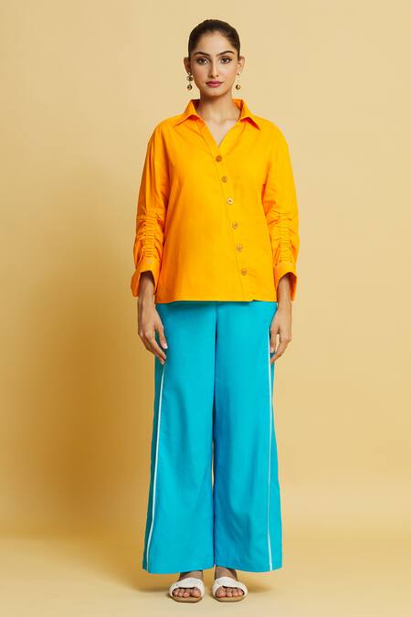 Style Junkiie Yellow Poplin Solid Shirt Collar Slant Placket Online at Aza Fashions Style Junkiie_Yellow Poplin Solid Shirt Collar Slant Placket_Online_at_Aza_Fashions