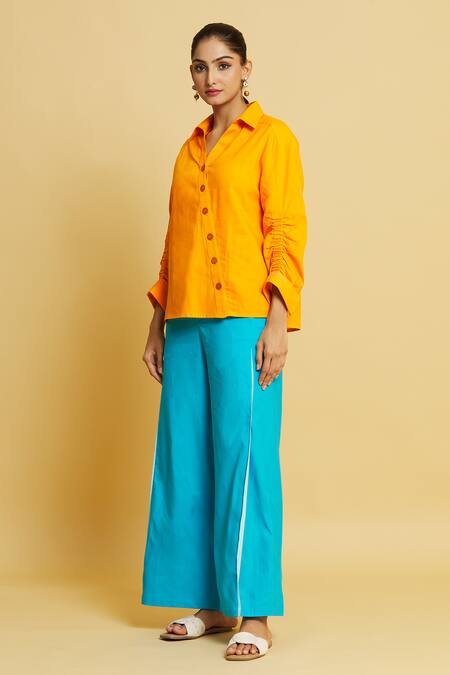 Buy Style Junkiie Yellow Poplin Solid Shirt Collar Slant Placket Online at Aza Fashions Buy_Style Junkiie_Yellow Poplin Solid Shirt Collar Slant Placket_Online_at_Aza_Fashions