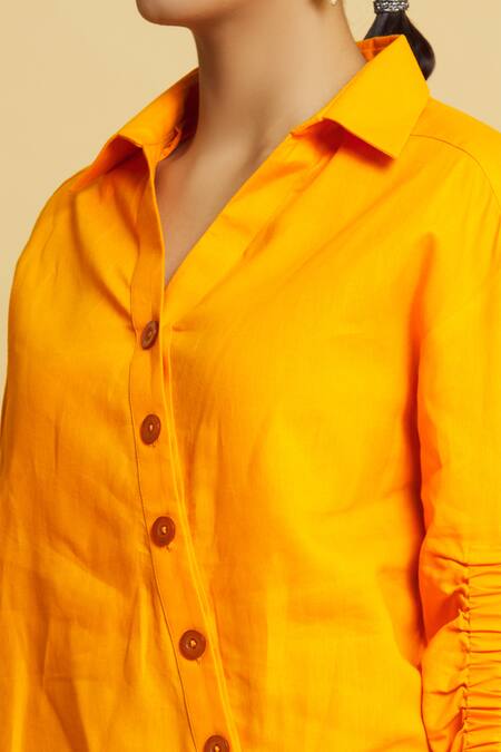 Shop Style Junkiie Yellow Poplin Solid Shirt Collar Slant Placket Online at Aza Fashions Shop_Style Junkiie_Yellow Poplin Solid Shirt Collar Slant Placket_Online_at_Aza_Fashions