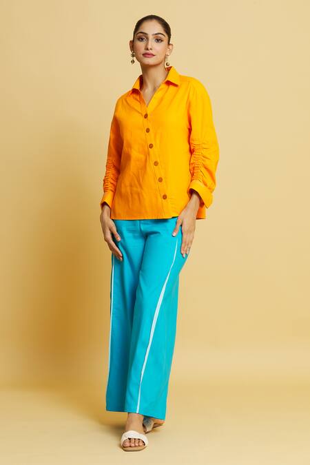 Style Junkiie Yellow Poplin Solid Shirt Collar Slant Placket at Aza Fashions Style Junkiie_Yellow Poplin Solid Shirt Collar Slant Placket_at_Aza_Fashions