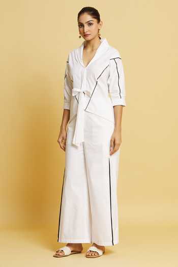 Style Junkiie_White Poplin Lace Shawl Neck Ladder Detail Tie-up Shirt _Online_at_Aza_Fashions