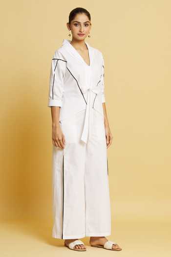 Buy_Style Junkiie_White Poplin Lace Shawl Neck Ladder Detail Tie-up Shirt _Online_at_Aza_Fashions