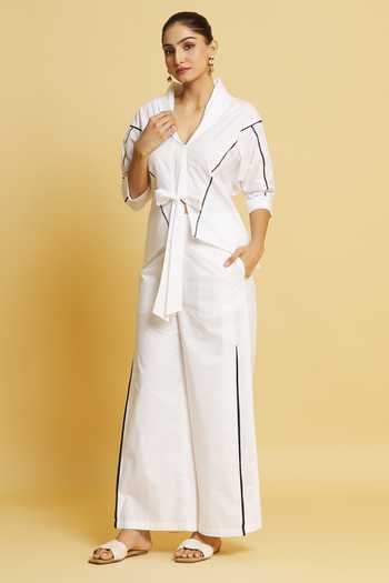 Style Junkiie_White Poplin Lace Shawl Neck Ladder Detail Tie-up Shirt _at_Aza_Fashions