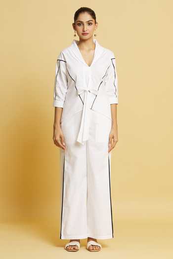 Shop_Style Junkiie_White Poplin Lace Shawl Neck Ladder Detail Tie-up Shirt 