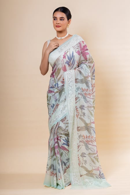 Buy_Taba Kashi By Artika Shah_Grey Georgette Print Floral Saree With Unstitched Blouse Fabric _Online_at_Aza_Fashions