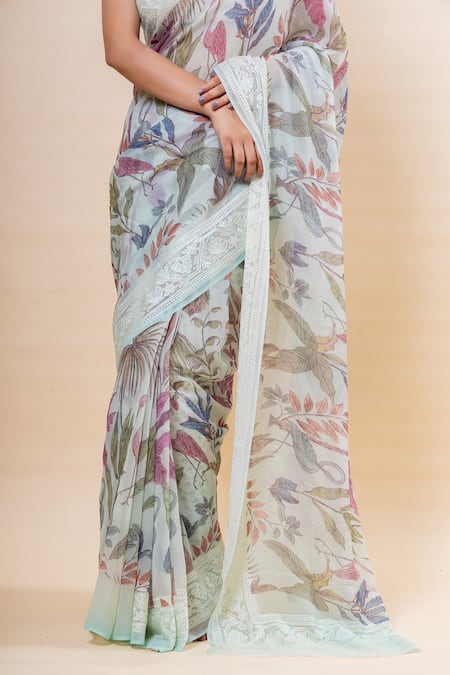 Shop_Taba Kashi By Artika Shah_Grey Georgette Print Floral Saree With Unstitched Blouse Fabric _Online_at_Aza_Fashions